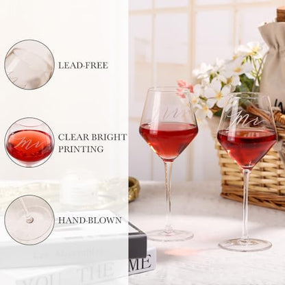 2026 Mr & Mrs Wine Glasses Gift Set with Memory Box,Wine Bag, Greeting Card – Engagement, Wedding & Newlywed Gifts for Couples, Just Engaged Gifts for Women - style: Mr & Mrs + Box + Bag & Card