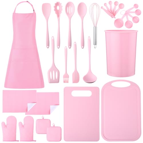 29 Pcs Pink Kitchen Utensils Set, Kitchen Decor Accessories with Silicone Cooking Utensils, Oven Mitts, Dish Towels, Cutting Boards and Apron for Cooking Baking