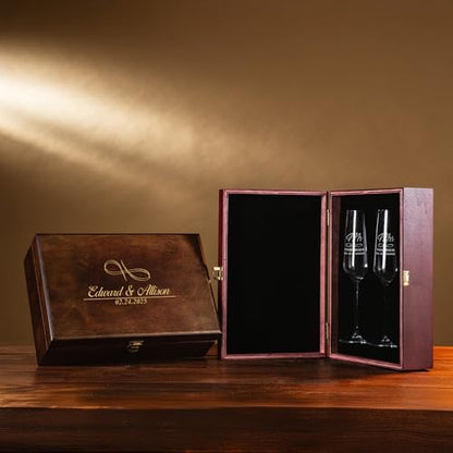 Personalized Champagne Flutes in Wooden Gift Box – Engraved Wedding Champagne Glass Set of 2, Custom Design & Name, Luxury Wedding Gift (Champagne Flutes-Box Set) - color: Champagne Flutes-Box Set