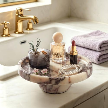 Luxury Natural Marble Pedestal Tray for Dresser Jewelry Home Decor | Calacatta Viola marble vanity tray organizes perfumes, skincare and toiletries for bathroom countertops and vanity spaces - size: 9.8"
