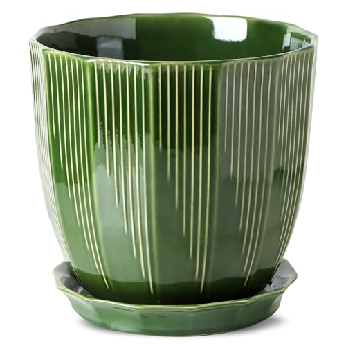 ADN 10Inch Green Ceramic Planter Pot with Drainage Hole and Saucer | Modern Indoor Outdoor Large Decorative Planter Pot, for Home,Garden,Office Gift; 6/8/10 inch - color: Green, size: 10 in