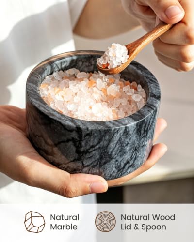 Marble Salt Cellar with Wood Lid and Spoon, Black Salt Keeper Bowl, Natural Stone Salt Container for Kitchen Counter, Pepper, Sugar, Spices and Dry Seasonings - color: Black