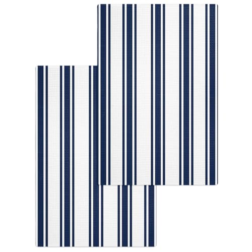 Navy Blue Striped Hand Towels Set, Waffle Weave Kitchen Towels 2 Pieces, Farmhouse Aesthetic Modern Stripes Microfiber Hair Face Bath Tea Towel Absorbent Quick Drying Cleaning Dish Cloths, 15.7"x23.6" - color: Navy, White, Blue, size: 2PCS,15.7"x23.6"