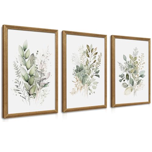 WRFON Framed Sage Green Botanical Wall Art Set of 3, Watercolor Eucalyptus & Wild Plant Canvas Prints, Minimalist Green Wall Decor for Living Room Bedroom Bathroom, 20x30 Inches - color: Sage Green(Framed), size: 30"L x 20"W
