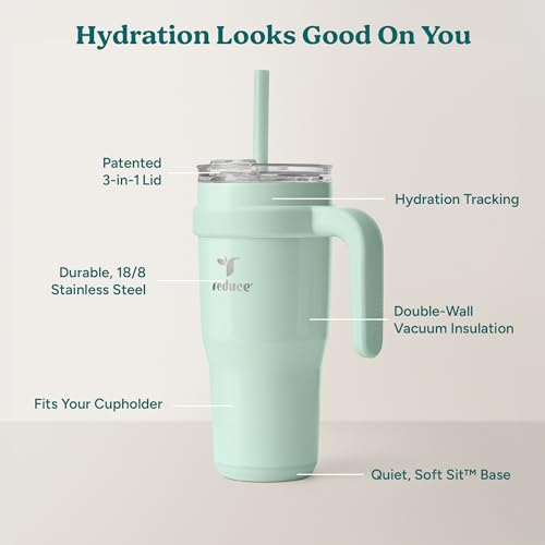 REDUCE 24 oz Stainless Steel Tumbler with Handle - Dual-Wall Vacuum Insulated Travel Mug, Sweat-Proof Lid & Reusable Straw - Keeps Drinks Cold for 24 Hrs, Fits Cupholders, Dishwasher Safe - Sea Glass - color: Sea Glass, size: 24 Ounces