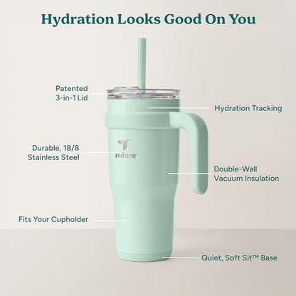 REDUCE 24 oz Stainless Steel Tumbler with Handle - Dual-Wall Vacuum Insulated Travel Mug, Sweat-Proof Lid & Reusable Straw - Keeps Drinks Cold for 24 Hrs, Fits Cupholders, Dishwasher Safe - Sea Glass - color: Sea Glass, size: 24 Ounces