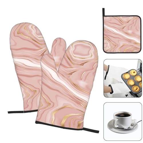 Pink Golden Marble Oven Mitts and Pot Holders Sets of 3 | Heat Resistant Hot Pads Rose Pink Modern Oven Gloves For Kitchen Cooking Bbq Baking - color: Pink Gold