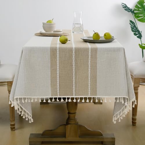 Softalker Outdoor Linen Tablecloth Rectangle, Waterproof Cotton Boho Farmhouse Table Cloths with Tassel, Heavy Weight Wrinkle Free Table Cover for Picnic Camping Dining - 55 x 70 Inch, Coffee Lines - color: Coffee Lines, size: 55" x 70" (Rectangular)
