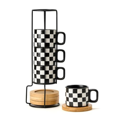 LUKA Porcelain Stackable Black and White Checkered Espresso Cups with Saucers and Metal Stand, 4 Ounce Small Ceramic Demitasse Cups Set for Coffee Drinks, Latte, Tea - Set of 4, Black Interior - color: 4BKG-Black & White