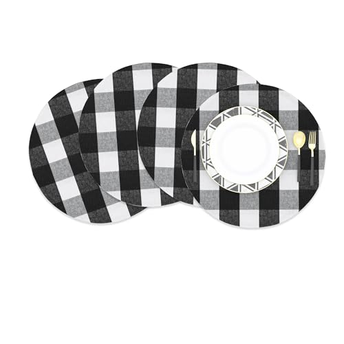 Black & White Cotton Buffalo Check Round Placemat, Set of 4, 15 Inch eco-Friendly Fabric Handcrafted Machine Washable Indoor & Outdoor Tablemat - color: Plaids Black & White, size: Round Placemats 15"