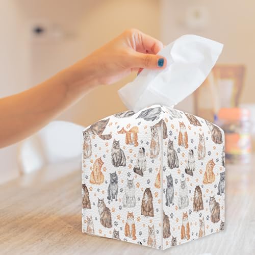 Cute Cats Leather Tissue Box Cover, Gift for Cat Lover, Square Facial Paper Organizer Dispenser for Bathroom Kitchen Bedroom Vanity Countertop Nightstands - color: Cats Paws-b