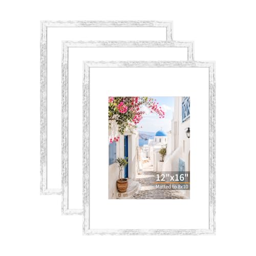 12x16 Picture Frames Set of 3 Vintage White Photo Frame Wall Table Display | Sturdy MDF 12x16 frames with mat clear plexiglass Hangs on wall stands table family pics weddings diplomas home or office - color: Vintage White, size: 12x16