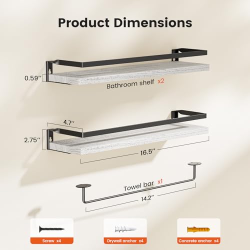 Amada Bathroom Shelves with Towel Bar, Set of 2, White | Floating Shelves with Detachable Towel Bar, Protective Metal Guards, Paulownia Wood, Bathroom, Living Room & Kitchen Storage - color: White