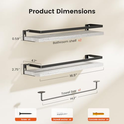 Amada Bathroom Shelves with Towel Bar, Set of 2, White | Floating Shelves with Detachable Towel Bar, Protective Metal Guards, Paulownia Wood, Bathroom, Living Room & Kitchen Storage - color: White