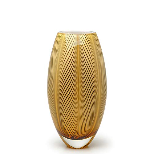 Murano Style Glass Vase Hand Blown Amber Feather Pattern Effect Home Decor | Hand Blown Glass Vase, Decorative Table Centerpiece for Flowers - A Unique Gift for Christmas, Mother's Day, Valentine's Day - color: Amber