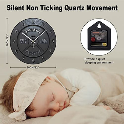 ArogGeld Barbell Wooden Wall Clock Rustic Style Battery Operated Silent Non Ticking Clocks Numerals Decorative for Kitchen Living Room Bedroom Office Farmhouse Gift 12x12in
