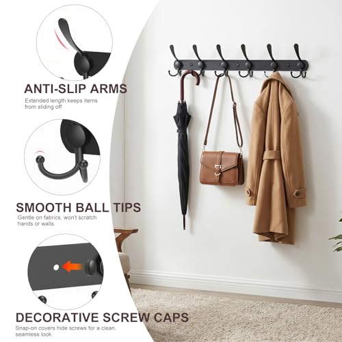 YUNISS Coat Rack Wall Mounted，6 Tri Stainless Steel Coat Hook for Coat Hat Robes Towel in Mudroom Entryway (Black, 2 Pack 6) - color: Black, size: 2 Pack 6