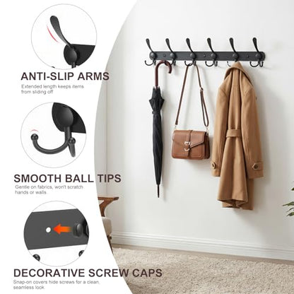 YUNISS Coat Rack Wall Mounted，6 Tri Stainless Steel Coat Hook for Coat Hat Robes Towel in Mudroom Entryway (Black, 2 Pack 6) - color: Black, size: 2 Pack 6