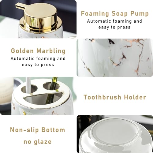 YYW Ceramic Bathroom Accessory Set, Marble Soap Dispenser Washing Set- Hand Lotion Dispenser Pump, Toothbrush Holder,Tumblers, Soap Dish-Refillable Liquid Dispenser (White Four Piece)