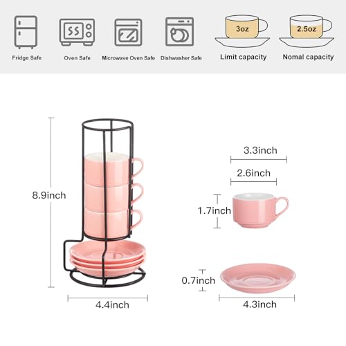 YOLIFE 2.5oz Espresso Cups Set of 4, Porcelain Stackable Espresso Cups, Expresso Shots Cup Set with Saucers and Metal Stand-Pink - color: Pink, size: 2.5oz