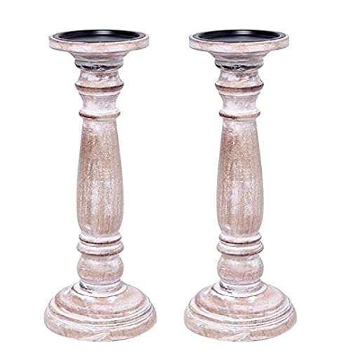 Hosley Farmhouse Wood Pillar Candle Holders Set of 2 – 12” Distressed Finish Tall Candlesticks for Table Centerpieces, Living Room, Wedding & Rustic Home Décor - size: 12 inch high x 2 Count