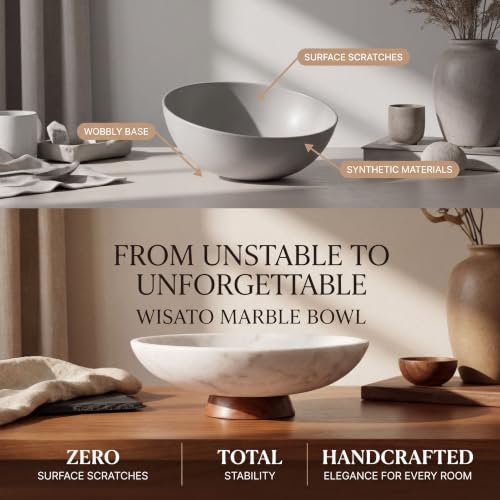 Decorative Marble Bowl White - Handcrafted Natural Stone on Removable Acacia Wood Pedestal Base - Versatile 10" Catch‑All Centerpiece - Entryway, Dining Table, Kitchen Fruit Bowl, Key Holder (White) - color: White