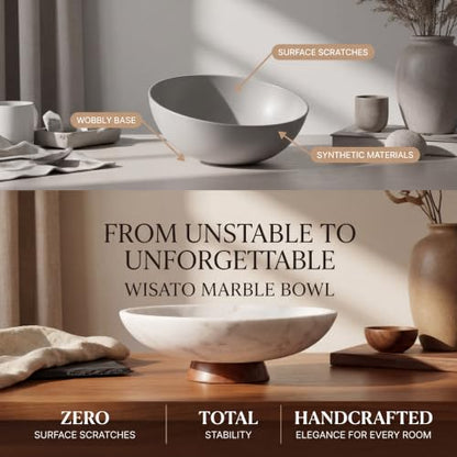 Decorative Marble Bowl White - Handcrafted Natural Stone on Removable Acacia Wood Pedestal Base - Versatile 10" Catch‑All Centerpiece - Entryway, Dining Table, Kitchen Fruit Bowl, Key Holder (White) - color: White