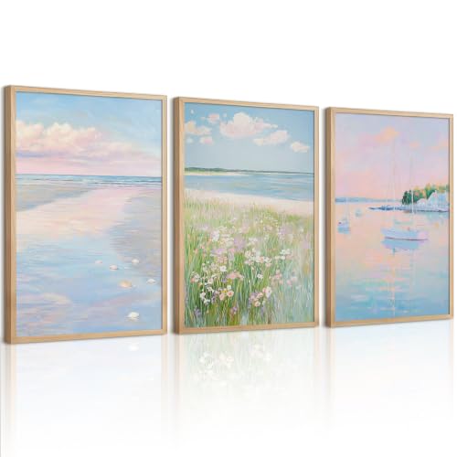 Pink Beach Wall Art Preppy Coastal Canvas Wall Decor Summer Beachy Posters Aesthetic Ocean Pictures Pastel Pink Beach Prints Painting Coastal Artwork for Living Room Bedroom 12x16 Inch Unframed 3Pcs - color: Pink Coastal Art, size: 12''x16'' Unframed