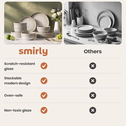 SMIRLY Stoneware Dinnerware Set for 4, 12 pcs Plates and Bowls Set, Cream | Chip and Scratch Resistant, Microwave, Dishwasher & Oven Safe, Non Toxic Plates Set, Ceramic Dish Set for Everyday Meal - color: Cream White