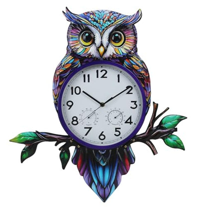 Large Outdoor Clock with Thermometer & Humidity | Owl Outdoor Wall Clock, Silent No-Ticking, Outside Clock for Patio, Living Room, Kitchen - style: Owl-Blue
