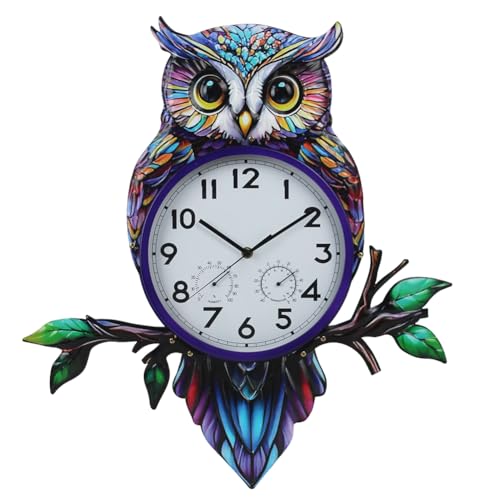 Large Outdoor Clock with Thermometer & Humidity | Owl Outdoor Wall Clock, Silent No-Ticking, Outside Clock for Patio, Living Room, Kitchen - style: Owl-Blue