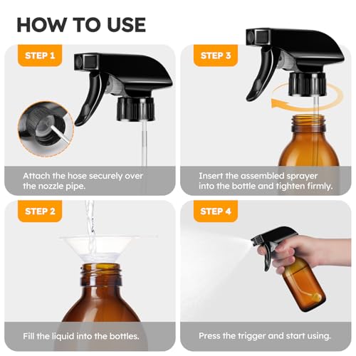 Tecohouse 360° 4 OZ Amber Glass Spray Bottles 2 Pack | 360° All-Angle Spray, Leakproof, Empty Refillable Containers for Cleaning Solutions, Plants, Facial Hydration, Hairs Care,