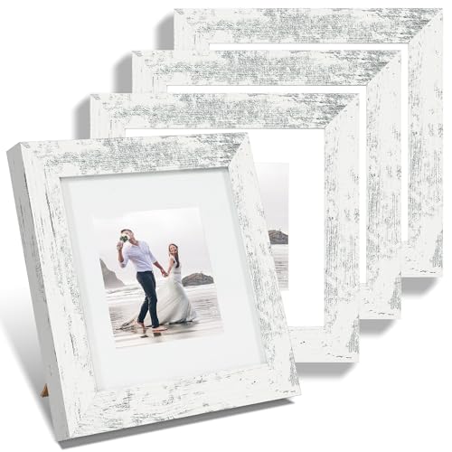 iRahmen 6x6 Picture Frame Set of 4 with High Definition Glass, Distressed White Frames Display 4x4 Picture with Mat or 6 x 6 Without Mat, Wood Square Photo Frame for Wall Mount and Tabletop Display - color: Distressed White, size: 6X6