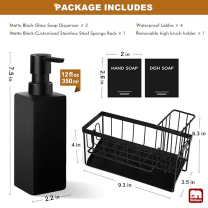 GMISUN Dish Soap Dispenser, 12 fl oz / 350 ml Dual Kitchen Soap Dispensers with Sponge Holder, Customized Matte Black Kitchen Soap Dispenser Set, Modern Hand and Dish Soap Bottle Set Removable - color: Black Bottle + Black Rack