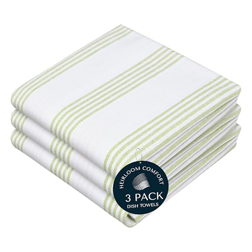 Lemon Green Stripe Kitchen Towels (3 Pack), 100% Cotton, Multi Pin Striped, Super Absorbent & Durable Dish Cloths, Quick Dry Towel Set for Drying Dishes, Everyday Kitchen Cleaning - color: Lemon Green, style: 3 Pack