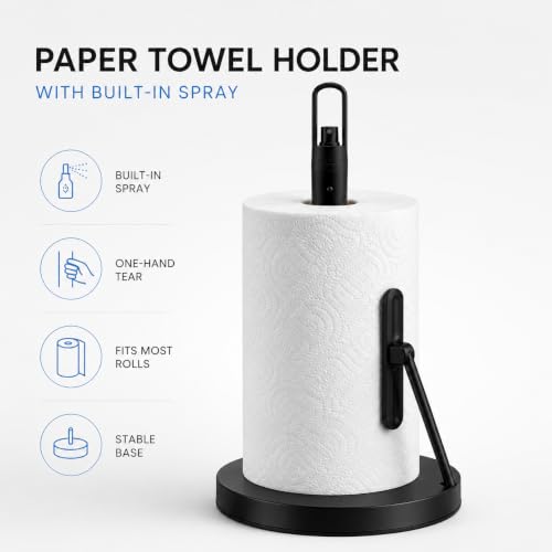 Paper Towel Holder with Spray Pump, All-in-One Countertop Paper Towel Stand with Refillable Bottle, One-Handed Tear Kitchen Roll Holder, Weighted Base, Matte Black - color: Black
