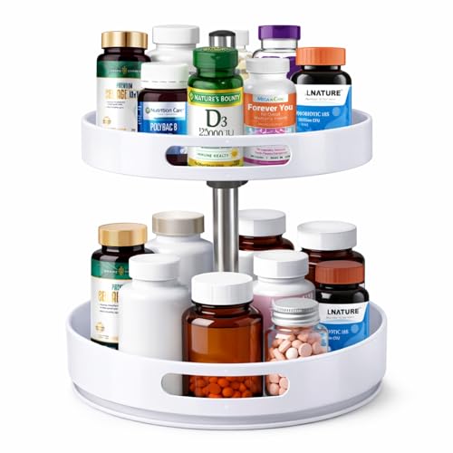 Pill Bottle Organizer,2 Tier Lazy Susan Organizer,Rotating Spice Rack Organizers for Cabinet,Turntable Organization and Storage for Medicine Cabinet Bottle Pantry Countertop - color: White