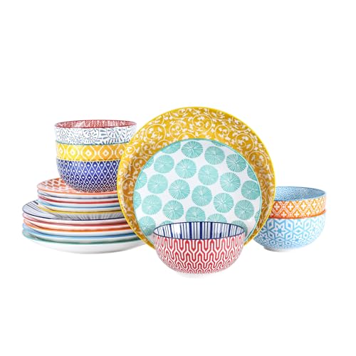 Selamica Ceramic Dinnerware Sets for 6, 18 Pieces Plates and Bowls Set, Scratch Resistant Dishes Set, Dishwasher&Microwave Safe, Assorted Colors - color: Assorted Colors, size: 18 Pieces