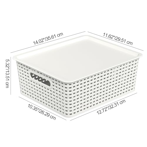 6 Packs Plastic Woven Storage Basket with Lid, Stackable Lidded Storage Baskets for Shelves (White)