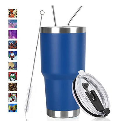 SYACOT 30oz Tumbler Double Wall Stainless Steel Vacuum Insulated Travel Mug with Splash-Proof Lid Metal Straw and Brush - color: Dark Blue-30oz