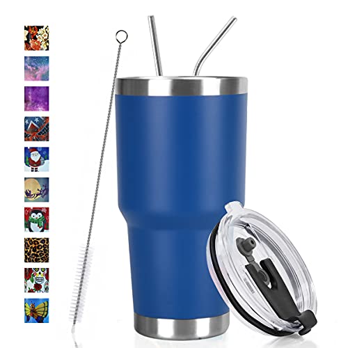 SYACOT 30oz Tumbler Double Wall Stainless Steel Vacuum Insulated Travel Mug with Splash-Proof Lid Metal Straw and Brush - color: Dark Blue-30oz
