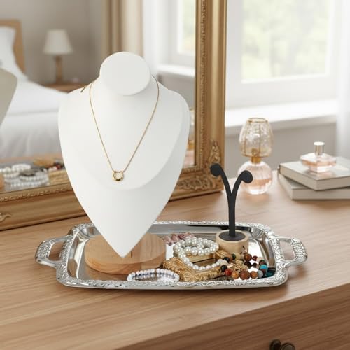 STOBAZA Silver Serving Tray with Handles, 15.3-Inch Metal Coffee Table Tray Butler Plate for Breakfast in Bed