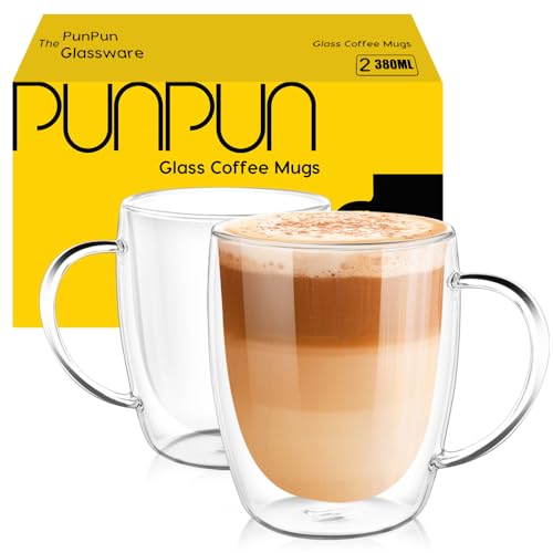 PunPun Coffee Cups Clear12.9OZ. 380ml Coffee Mugs, Espresso Cups,Double Wall Milk Cup with Big Handle,Perfect Mug for Hot Beverages, Latte, Cappuccinos Set of 2 - color: 380ml / set of 2