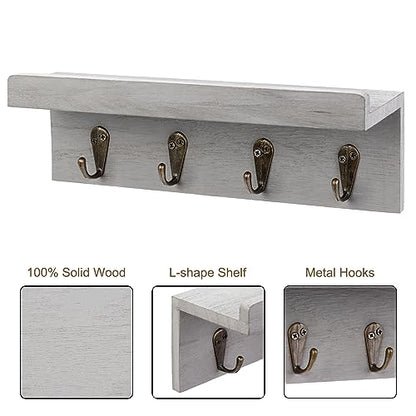 HRONRAD Rustic Key Holder for Wall, Farmhouse Wall Shelf with 4 Hooks, Wall Mounted Key Racks, Wooden Mail Organizer with Hooks for Entryway (Grey) - color: Gray