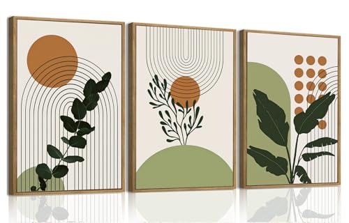 Boho Botanical Abstract Framed Canvas Wall Art Set of 3, 12x16 inch | Mid Century Abstract Wall Decor, Botanical Plant Leaf Prints, Bedroom Living Room Bathroom Art - color: Botanical, size: 12"x16"Natural