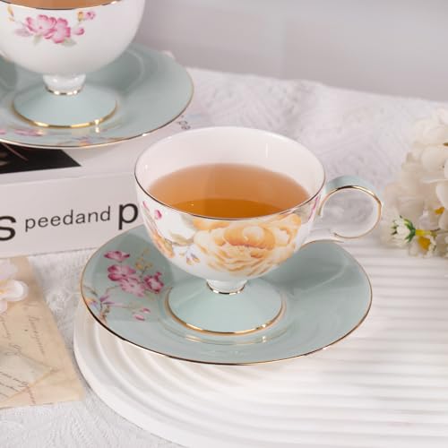 KAMMAK Tea Cups Set of 2,Ceramic Floral Pattern Demitasse Cup | Porcelain Espresso Cup with Saucer, 7.44 oz Handmade Elegant Bone China Tea Cups for Latte, Americano, Cappuccino - color: Spring Fragrance
