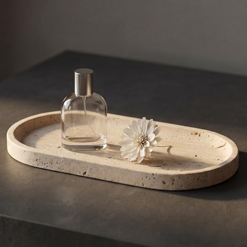 YKAJO Natural Travertine Beige Oval Marble Tray, 11.8x5.9 Vanity Organizer | Honed natural stone; jewelry & trinket dish, ring & key holder, soap & candle catchall; bath counter, dresser, coffee table - color: Natural Travertine Beige, size: 11.8" x 5.9"