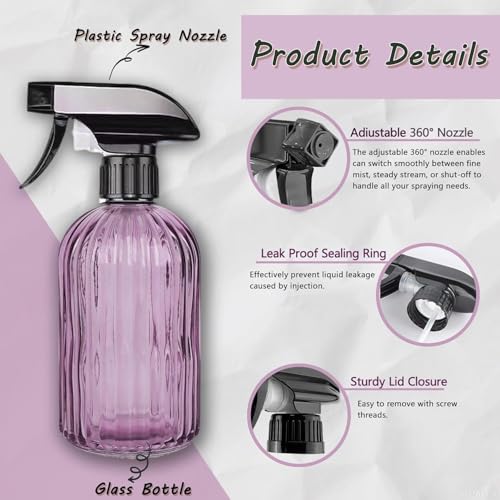 Glass Plant Mister Spray Bottle 15oz Purple Adjustable Nozzle for Gardening | 360° 3 spray modes, fine dew-like mist, thick glass, visible water level, 2pack mist sprayer for cleaning hair pets plants - color: Purple