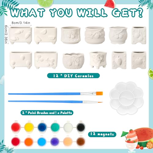 Hushee 12 Sets Ceramic Succulent Planters Paintable Succulent Plant Pots Small DIY Figurines Unpainted Pots with Drainage Hole Color Paints Paintbrushes Palettes - color: Fruit