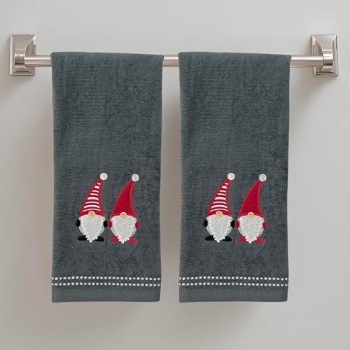 Christmas Gnomes Towel Set: Dark Grey Hand Towels with Red White Embroidery Jolly Nordic Gnome, Set of 2 - color: Holiday Gnomes